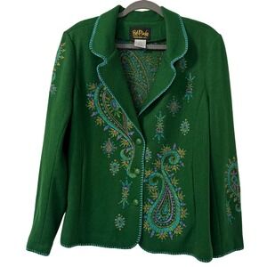Bob Mackie Evening Jacket L‎ Green Unique Embroidered Paisley Artsy Wool Blend